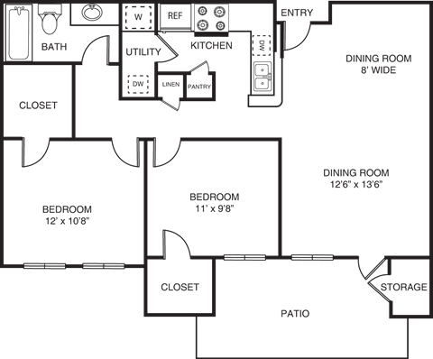 Floor plan for 2 beds, 1 bath, 875 sqft